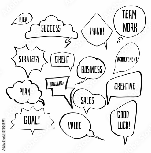 Set speech bubbles of succes, idea, team work, think, strategy, great, business, achievement, creative, plan, sales. balloon, message, text, dialogue, phrase, words. Vector design illustration icon