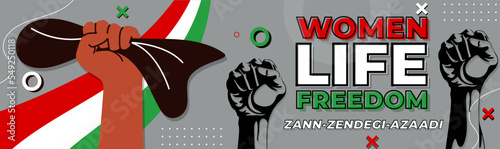 Iranian women protest banner, "Zan Zendegi Azaid" background cover, "Women Life Freedom protest with Iran flag, Women empowerment,Equal rights, Hair cut campaign for awareness, Female burqa protestors
