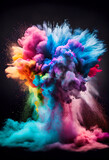 A colourful holi powder explosion on a black background. Holi paint and smoke.