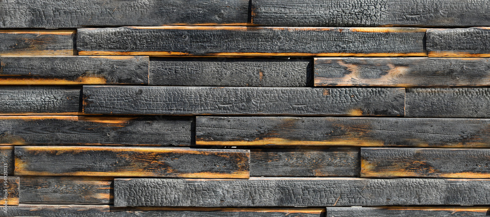 horizontal texture of burnt boards. Black charred boards with light veins. Burnt scratched wooden