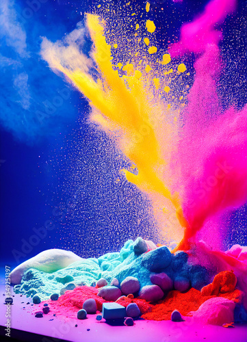 Holi colours on a table exploding on a blue background. Holi paint and smoke.