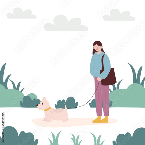 Month of dog walking. A woman walking with a dog. Vector