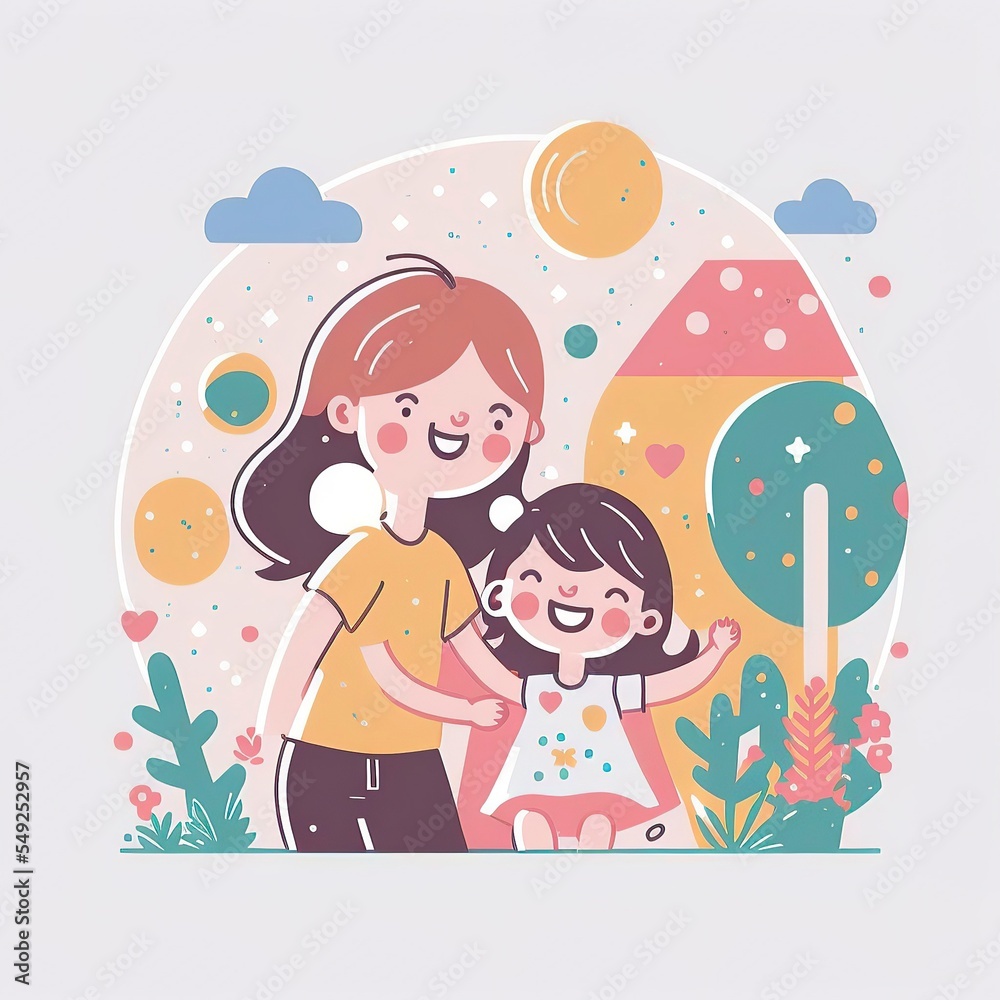 pastel cartoon mothers day for greeting card, social media, clip art, clipart, gift. mother and daughter together doing activies pastel cartoon mothers day for greeting card, social media, clip art, clipart, gift. mother and daughter together doing activies