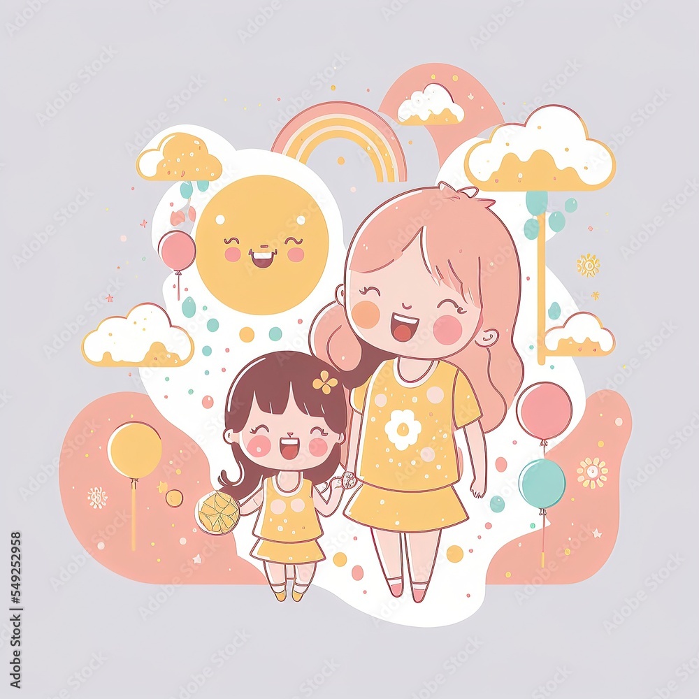 pastel cartoon mothers day for greeting card, social media, clip art, clipart, gift. mother and daughter together doing activies pastel cartoon mothers day for greeting card, social media, clip art, clipart, gift. mother and daughter together doing activies