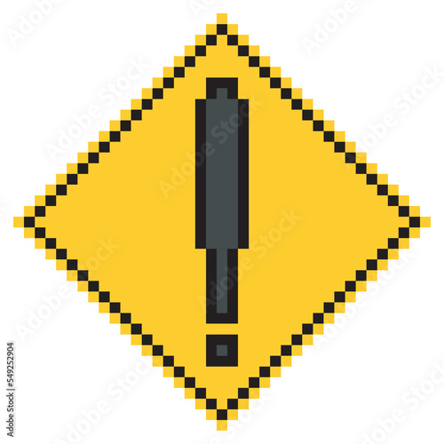 Warning traffic  sign with exclamation mark symbol pixel art.