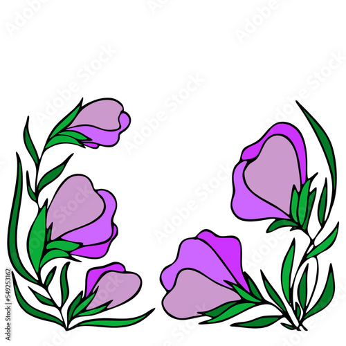 floral frame of large purple flower buds on a white background, border, postcard, design