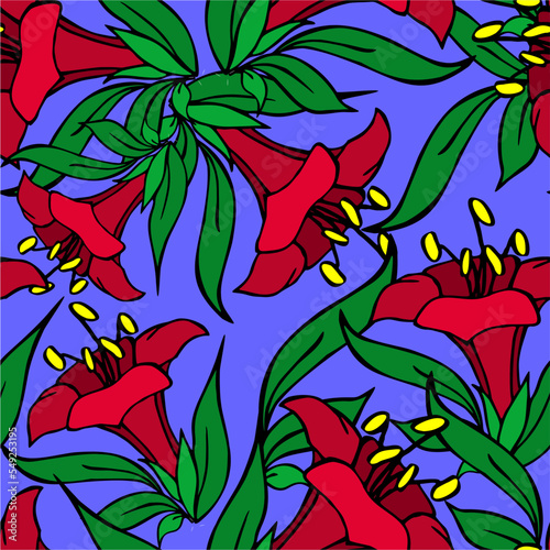 seamless asymmetric graphic pattern of red flowers on a blue background, texter, design