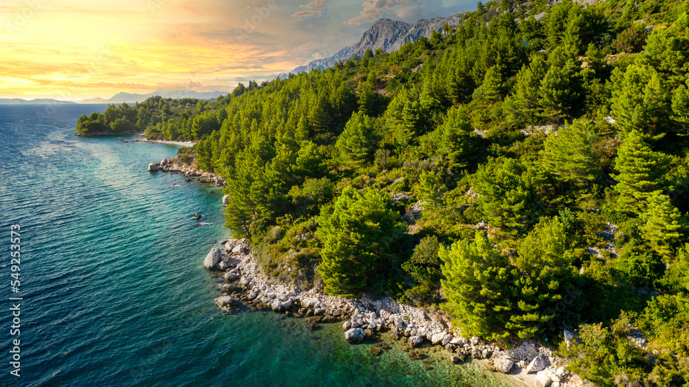 Fototapeta premium Croatia. Aerial view on beach and people. Vacation and relax. Beach and blue water. Top view from drone at beach and azure sea. Travel and holiday
