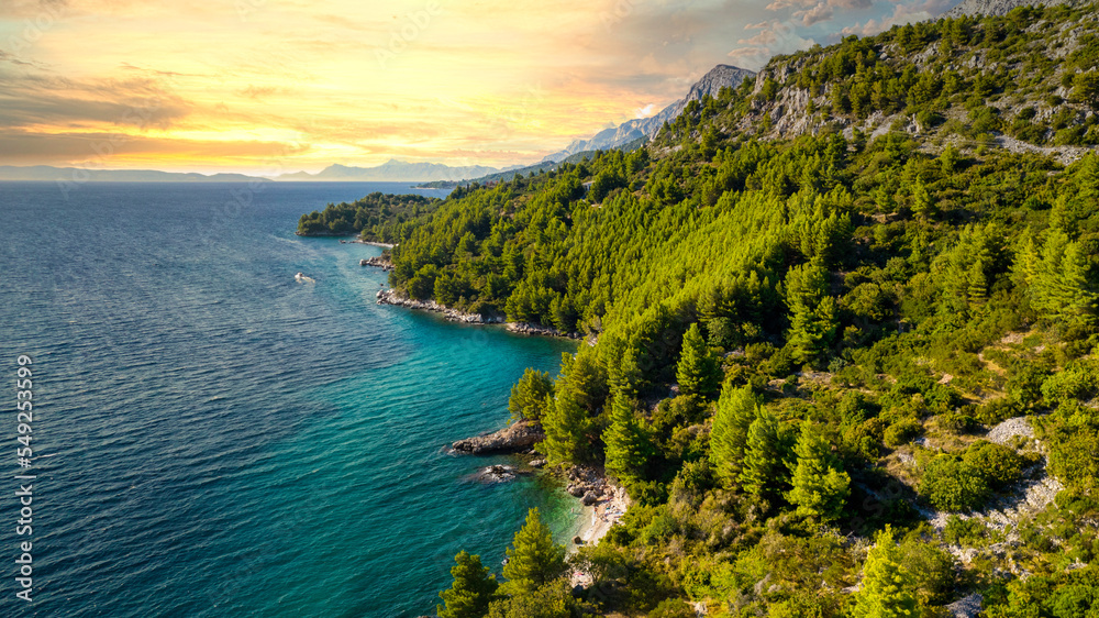 Turquoise water panoramic background from drone. Summer seascape from air. Croatia. Travel - image