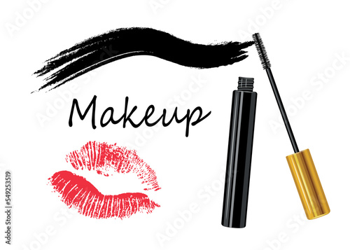 Mascara with stain and word makeup with lip print kiss isolated on white background. An open tube of mascara. Vector illustration. Logo. Banner Design of a cosmetic product