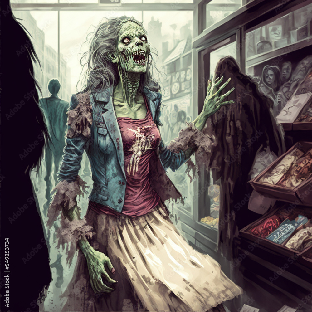 zombies shopping for groceries and clothes at the supermarket and mall