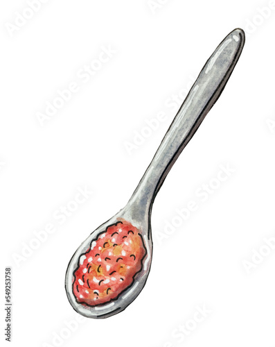 Watercolor illustration of metal spoon full with red jam or jelly. Morning breakfast, element design, hand drawn food illustration.