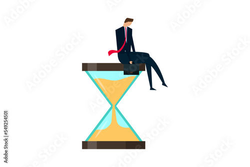 Wasting time waiting and never start new business, depressed businessman sitting on time passing sandglass or hourglass.