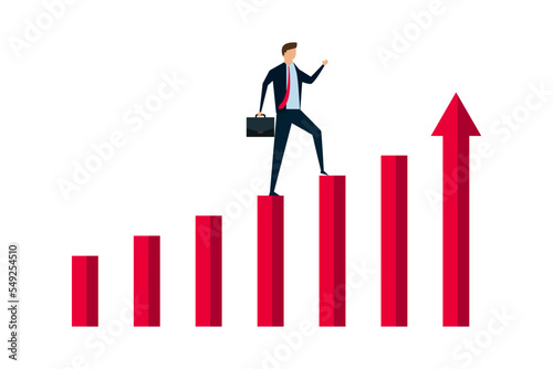 business profit growth, confidence smart businessman jumping on moving up bar graph with rising up arrow as ladder of success.