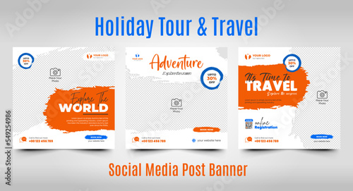 Travel social media post template for summer holiday tourism marketing and offer sale web square flyer post or banner design promotion vector template.
