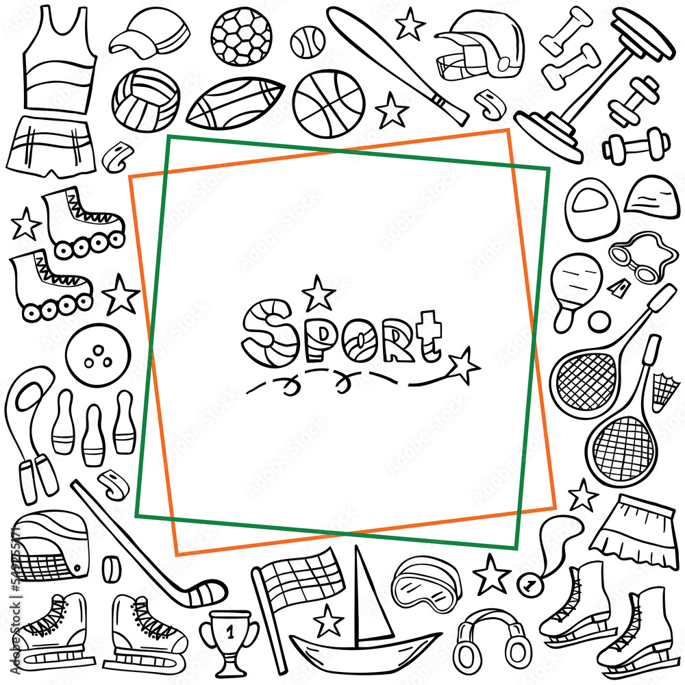 Template sport doodle set on white. Sports equipment and training supplies. Vector illustration.