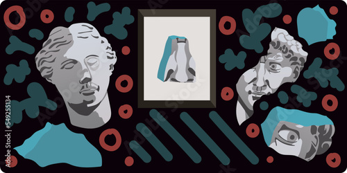 Art objects for exhibitions of classical and modern art and culture, sculpture and music. Illustrations, plaster busts, marble statues and abstract shapes and lines