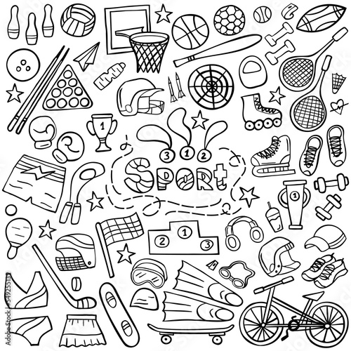 Hand drawn sport doodle set on white. Sports equipment and training supplies. Vector illustration.