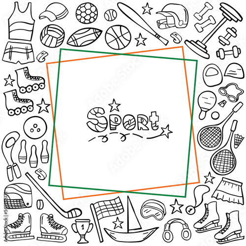 Template sport doodle set on white. Sports equipment and training supplies. Vector illustration.