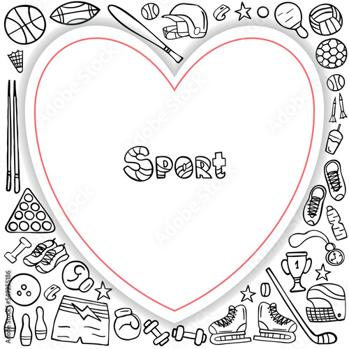 Template sport doodle set on white. Sports equipment and training supplies. Vector illustration.