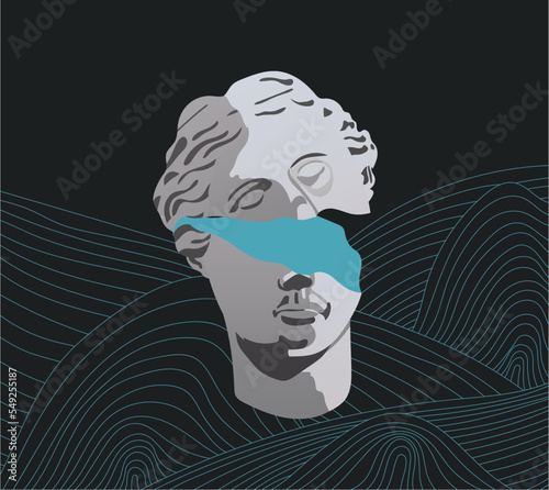 Illustration of the destroyed head of Aphrodite. Two parts of an ancient bust with a bright fracture on a dark background with the line mountains. A ready-to-use eps image for your design