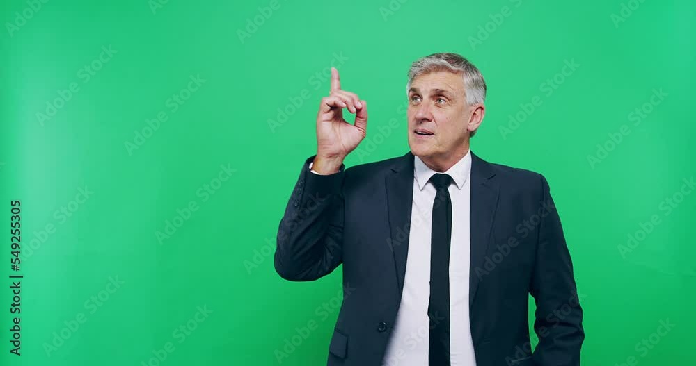 Idea, green screen and businessman thinking of a solution or creative answer in studio with green background. Decision, winner or boss smiles in celebration of winning a corporate deal or goals Idea, green screen and businessman thinking of a solution or creative answer in studio with green background. Decision, winner or boss smiles in celebration of winning a corporate deal or goals