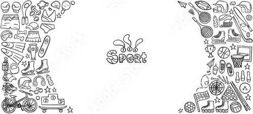 Banner sport doodle set on white. Sports equipment and training supplies. Vector illustration.