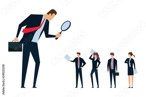 Recruitment searching the best candidate or job, employer boss or HR use magnifying glass to choose job interview people