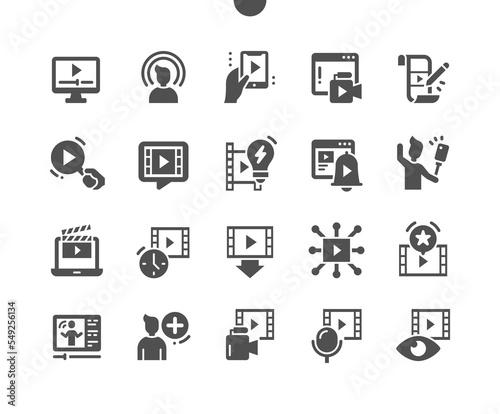 Streaming. Recording and edit video. Number of views. Live stream. Vector Solid Icons. Simple Pictogram