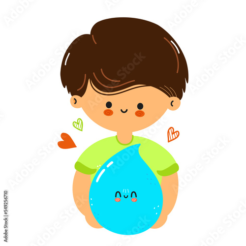 Young cute funny boy hold water drop in hand. Young boy hugs cute water drop. Vector hand drawn doodle style cartoon character illustration icon design. Isolated on white background