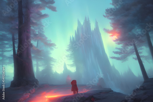 Digital Illustration Alone In A Magical Forest With Aurora Borealis