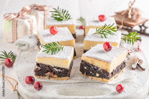 Tasty Poppy seed cheesecake for Christmas with icing sugar.