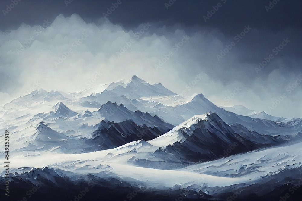 Obraz premium Snowy mountain foggy painting landscape Generative AI