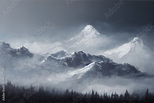 Snowy mountain foggy painting landscape Generative AI