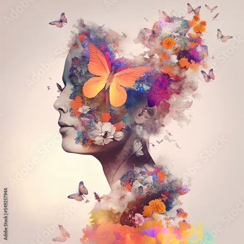 Surreal image of woman and flowers. Great for ads, book covers, posters and more. AI Generated Illustration.	