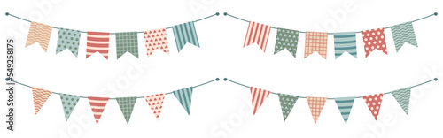 Cute pastel bunting set. Flags on rope. Can be used for card, invitation, border. Isolated vector and PNG illustration clipart on transparent background.