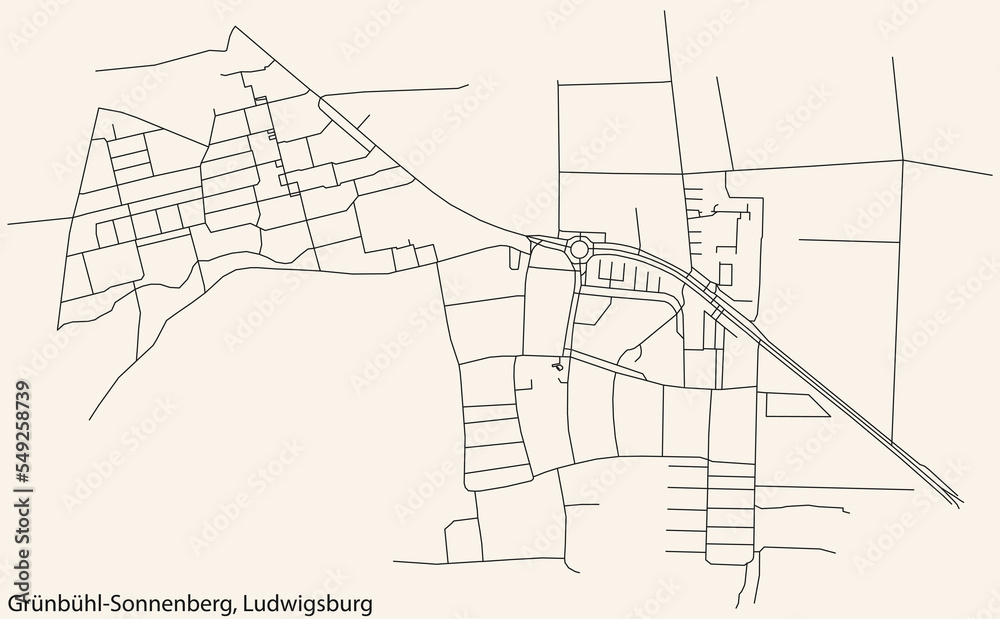 Detailed navigation black lines urban street roads map of the GRÜNBÜHL-SONNENBERG MUNICIPALITY of the German regional capital city of LUDWIGSBURG, Germany on vintage beige background