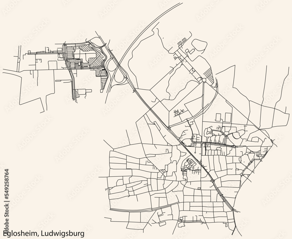 Detailed navigation black lines urban street roads map of the EGLOSHEIM MUNICIPALITY of the German regional capital city of LUDWIGSBURG, Germany on vintage beige background