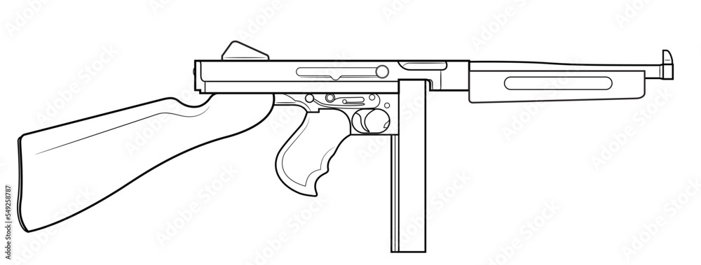 Vector illustration of the Thompson M1A1 submachine gun on the white background. Right side. Vector illustration of the Thompson M1A1 submachine gun on the white background. Right side.