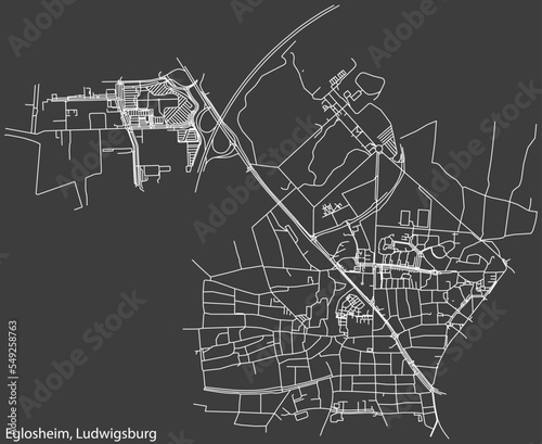 Detailed negative navigation white lines urban street roads map of the EGLOSHEIM MUNICIPALITY of the German regional capital city of LUDWIGSBURG, Germany on dark gray background
