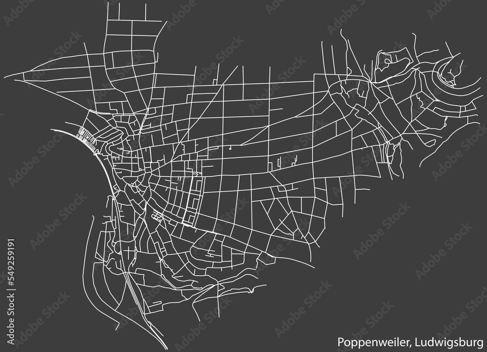 Detailed negative navigation white lines urban street roads map of the POPPENWEILER MUNICIPALITY of the German regional capital city of LUDWIGSBURG, Germany on dark gray background