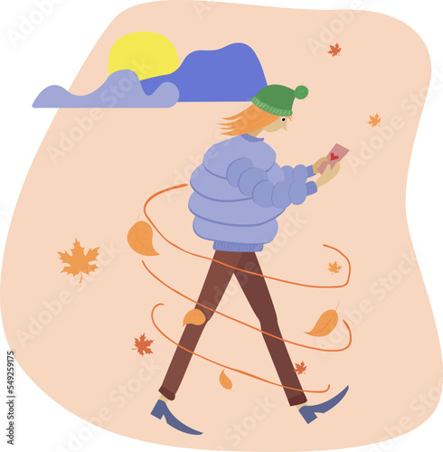 The girl is walking down the street with a phone in her hands. Autumn leaves are swirling around the girl's feet. Vector illustration for calendar printing. Autumn vector illustration.