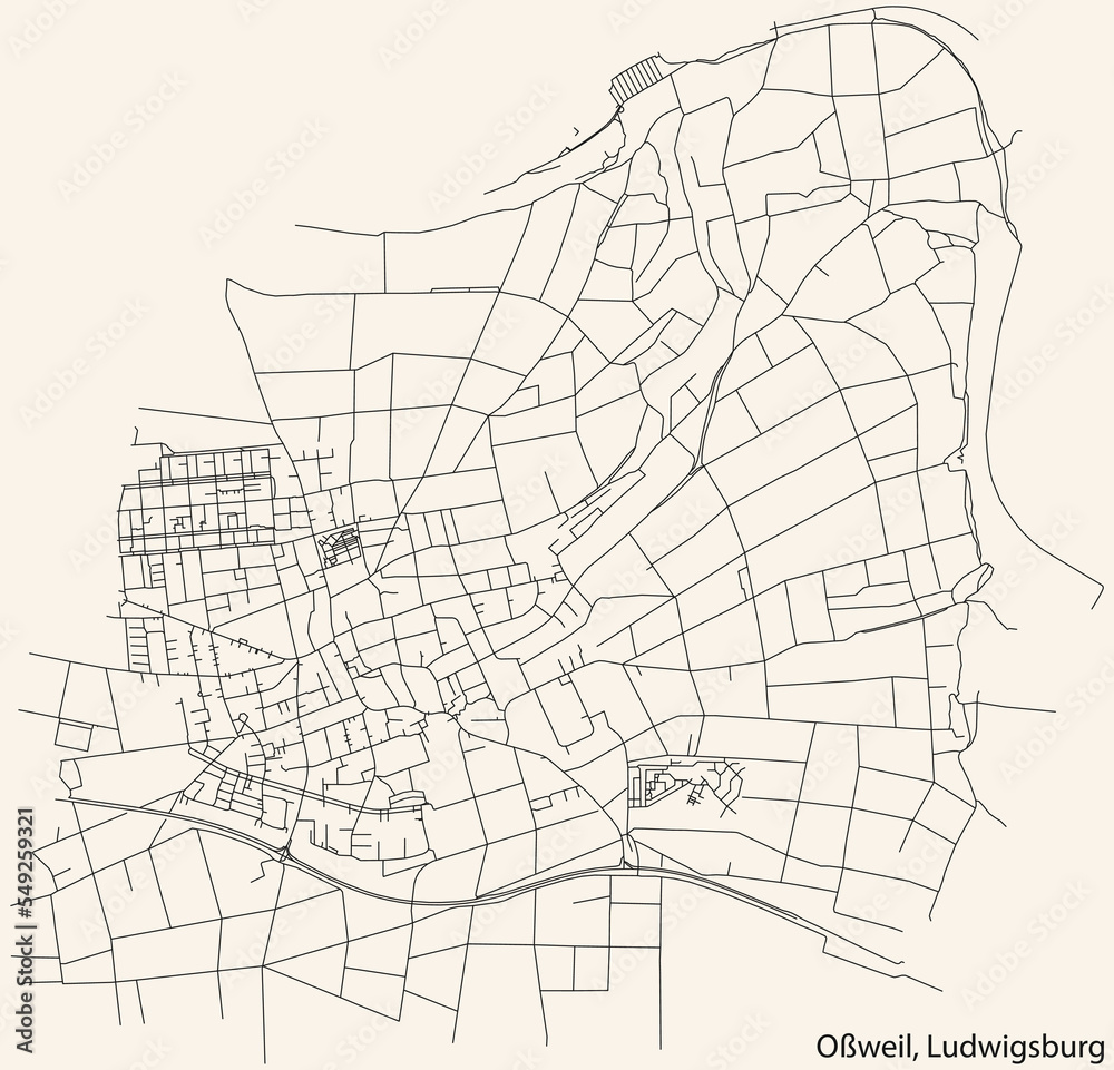 Detailed navigation black lines urban street roads map of the OSSWEIL MUNICIPALITY of the German regional capital city of LUDWIGSBURG, Germany on vintage beige background