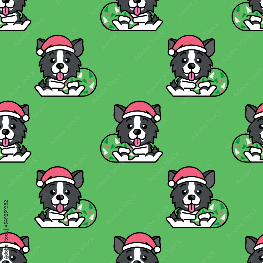 CUTE BORDER COLLIE DOG IS CARRYING PRESENT BAG SEAMLESS PATTERN