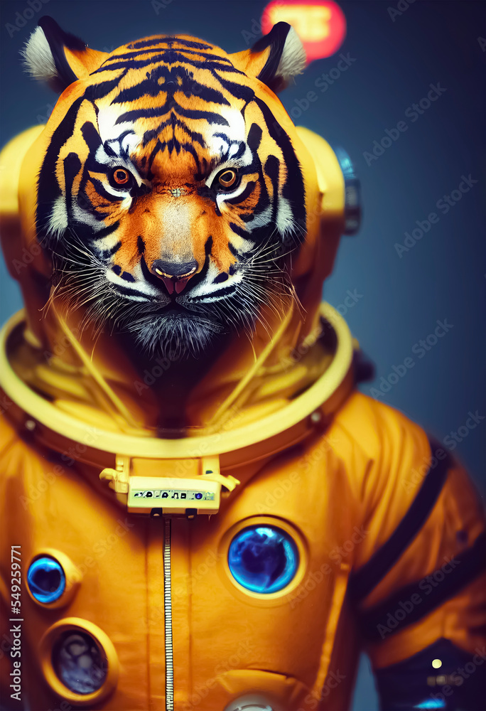 The tiger is wearing an astronaut suit