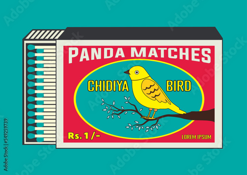 Bird (chidiya) vector icon. illustration in Matchbox and matches illustration. Vintage and antique matchbox packaging design illustration. retro style packaging. old style design. open box template.
