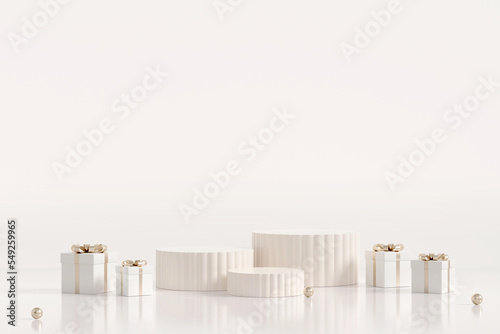 3D rendering off white product display stands with gift boxes on white wall background. Minimal realistic luxury Christmas, winter, birthday or cosmetic product sale.
