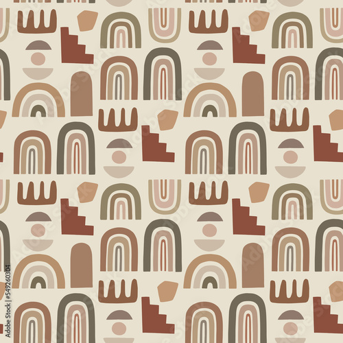 Abstract nordic print with geometric shapes on beige background. Scandinavian seamless pattern. © natikka