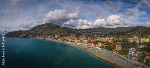 Fototapeta Naklejka Na Ścianę i Meble -  Aerial panoramic view on town Levanto, Cinque Terre, Liguria, Italy. September 2022