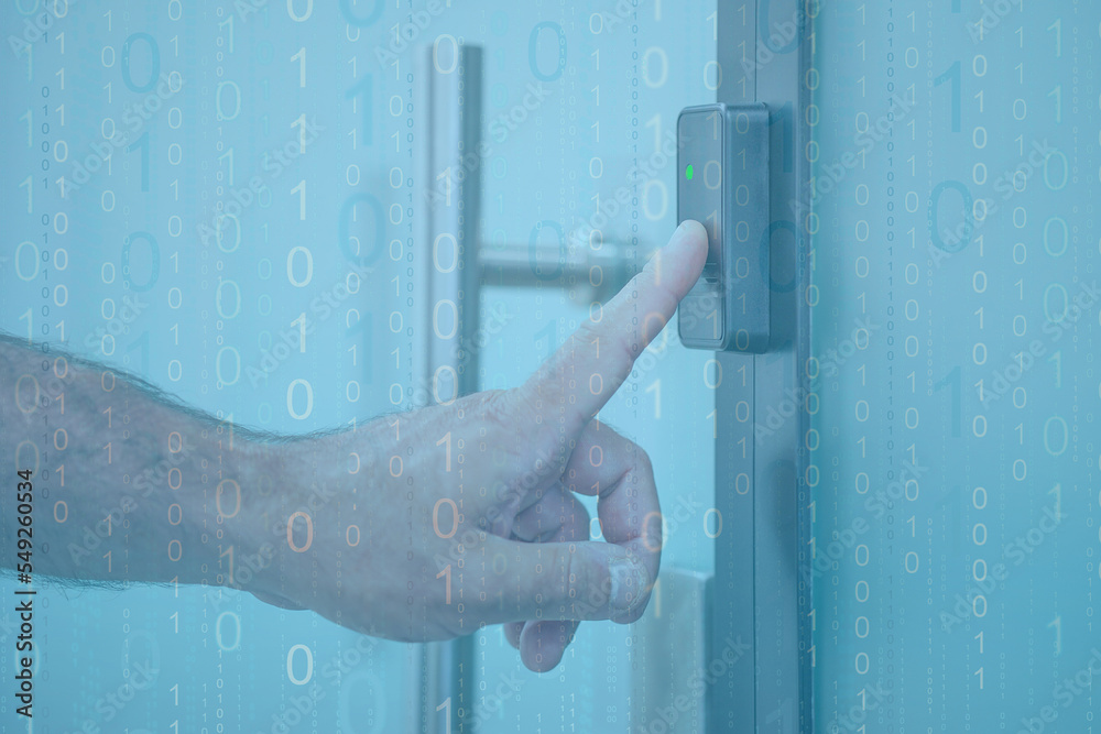 Opening door with fingerprint on binary code background. Fingerprint